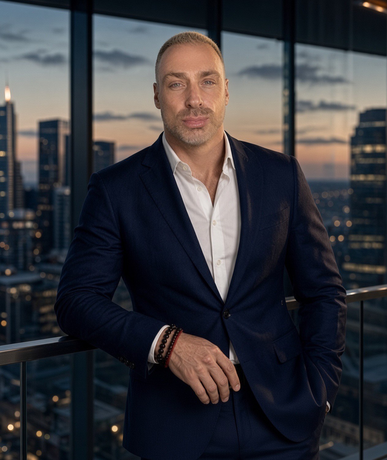 Adrian Grundy in a navy suit on a balcony, city skyline behind him at dusk