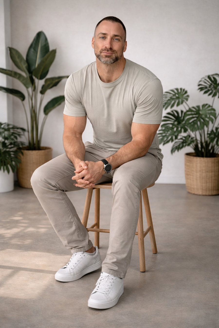 Adrian seated on a stool in a bright studio with plants