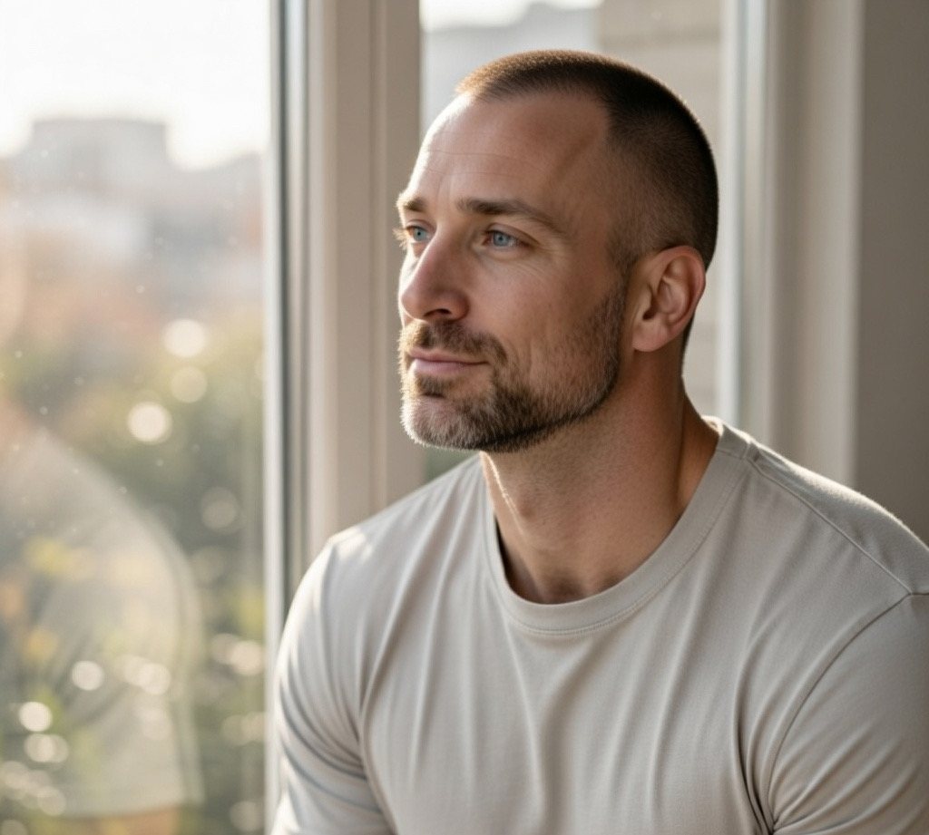 Adrian in a plain tee, looking out a bright window